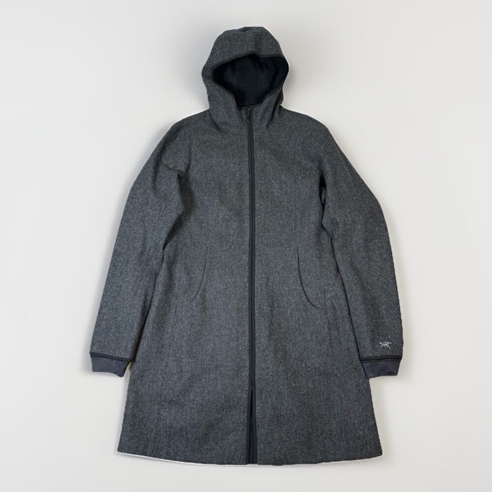 Arc'teryx Lanea Long Coat Hooded Wool Gray Taped Seams Full Zip Size M